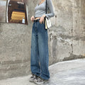 Women's retro blue high waist straight leg jeans showing three length options
