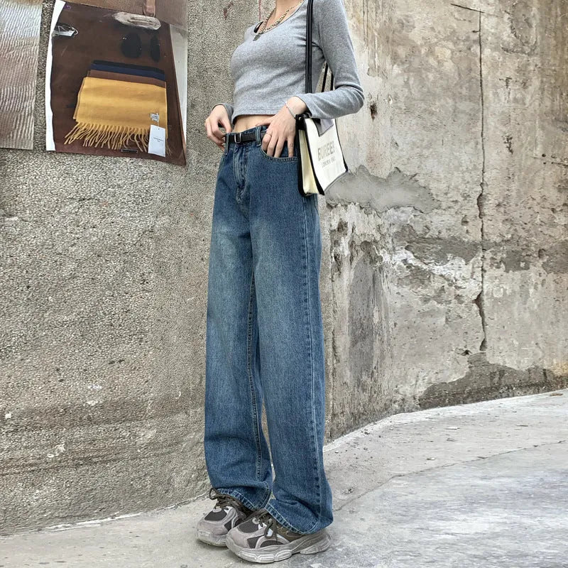 Women's retro blue high waist straight leg jeans showing three length options
