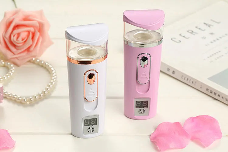 Nano spray water meter 35ml handheld facial mist device in white or pink, 4.6 x 13.5 cm