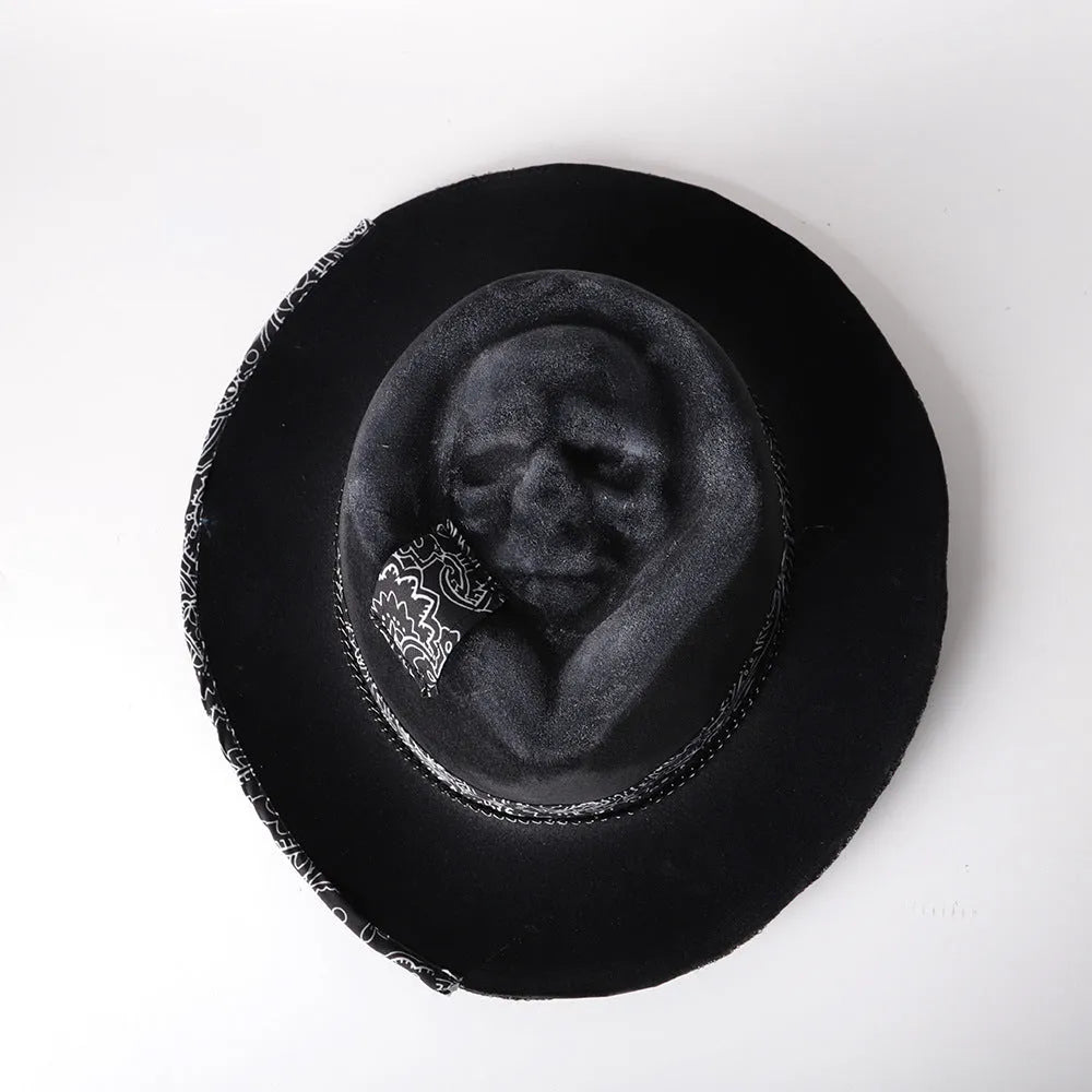 Handmade wool felt and denim conical crown skull hat for Halloween costume