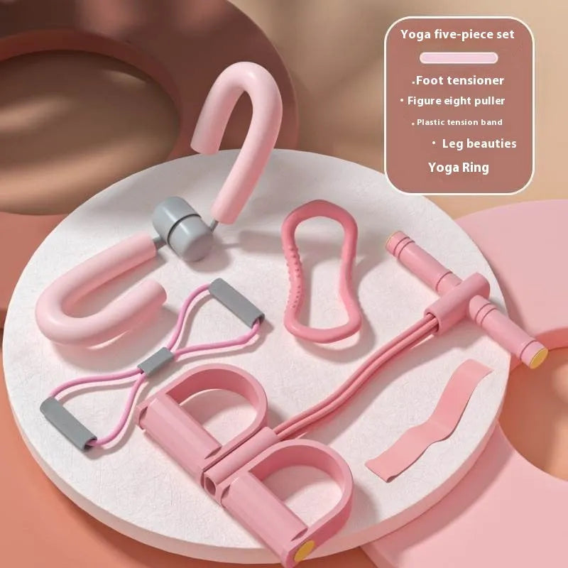 Four piece yoga fitness set with leg stretching device, yoga ring, pedal tension tool and figure eight resistance rope