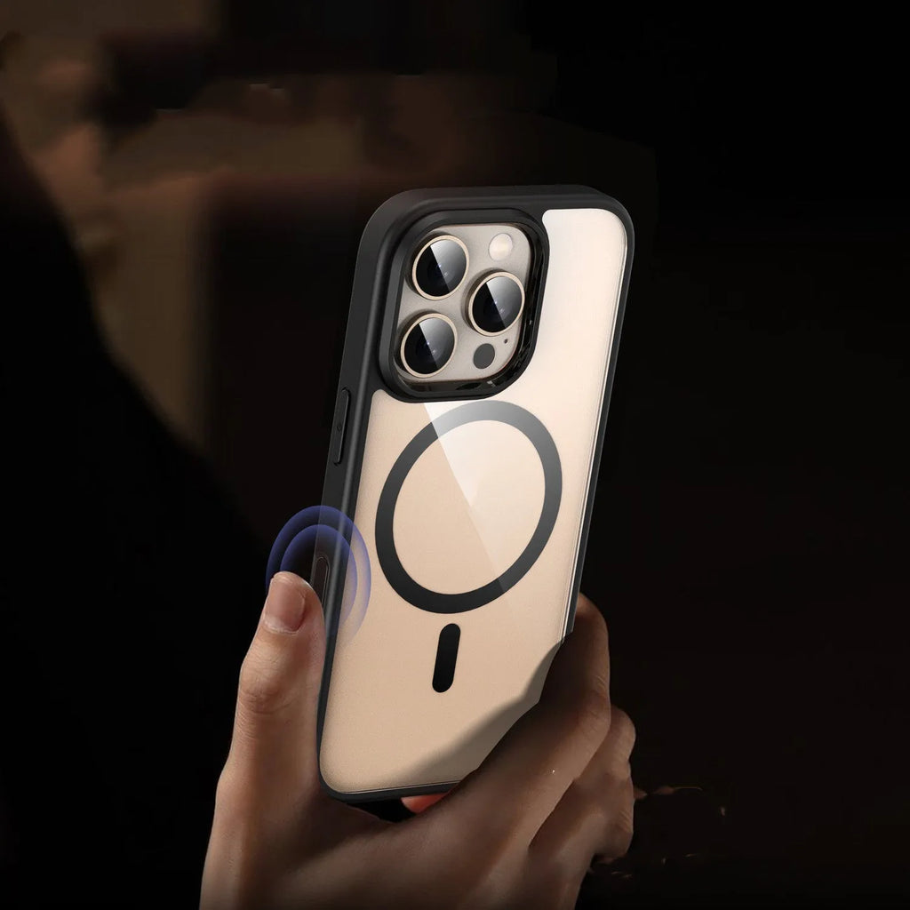 Black transparent magnetic phone case with airbag design for iPhone 16 models