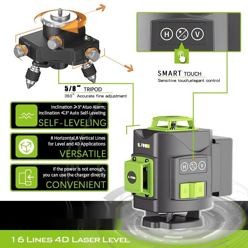 Green 16-line 3D self-levelling laser level tool on a work surface.