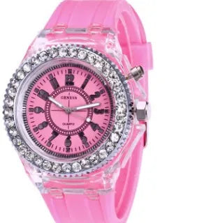 Women's luminous quartz watch with colourful silicone strap and 43mm round dial