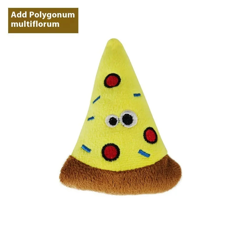 Six food-shaped catnip plush toys including burrito, cone, cucumber, mushroom, pineapple and pizza designs