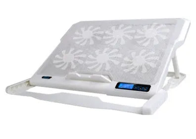 Black laptop cooling board with metal mesh surface and LCD speed control display