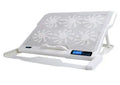 Black laptop cooling board with metal mesh surface and LCD speed control display