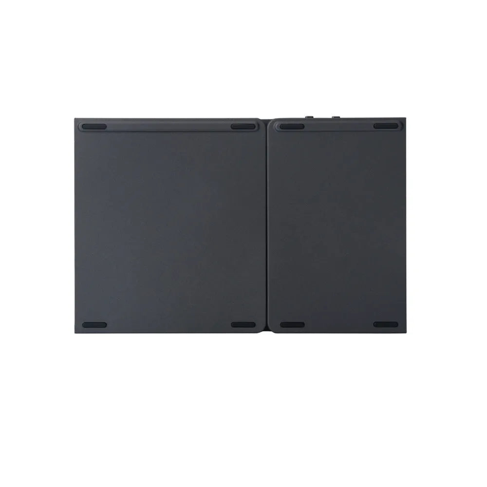Black ultra-thin tri-fold Bluetooth keyboard with touchpad open and folded showing compatibility with iPhone and Android