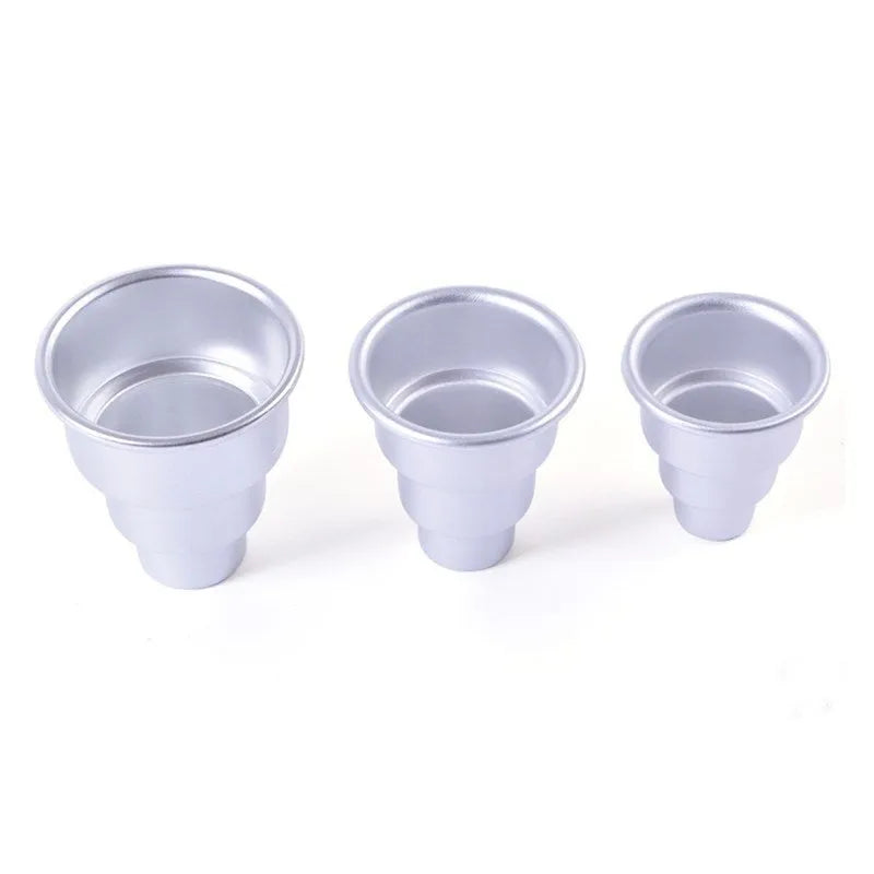Silver aluminium alloy mini three-layer cake mould for fondant, shown in large, medium, and small sizes.