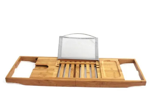 Natural bamboo bathtub storage frame with one shelf, designed for desktop placement in the bathroom.