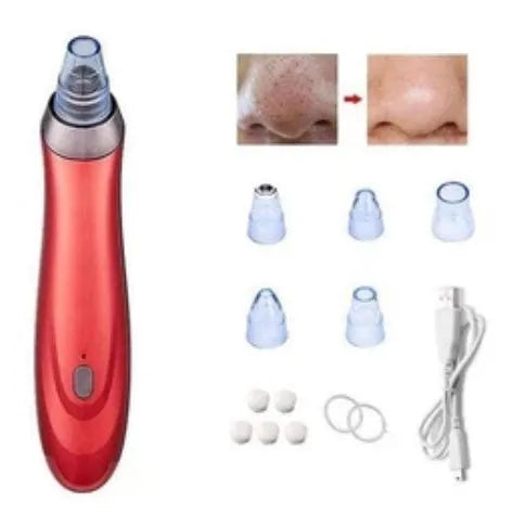 Handheld electric blackhead remover device in black with multiple nozzle attachments.