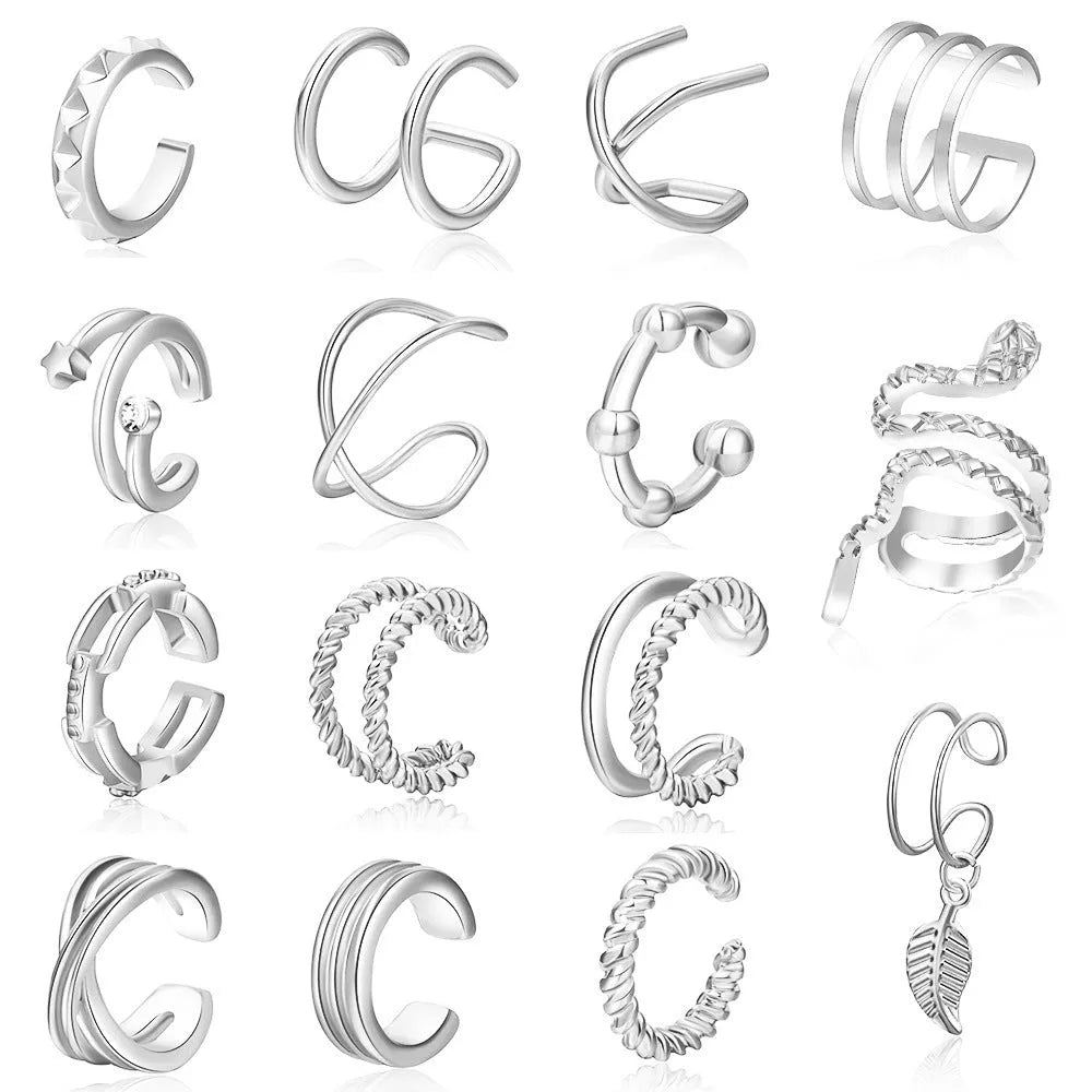 15-piece clip-on earring set for women with gold and silver geometric metal ear clips