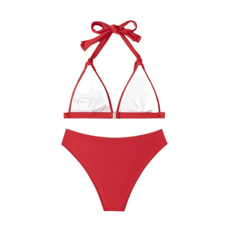 Red women's lace-up halterneck split bikini for swimming activities