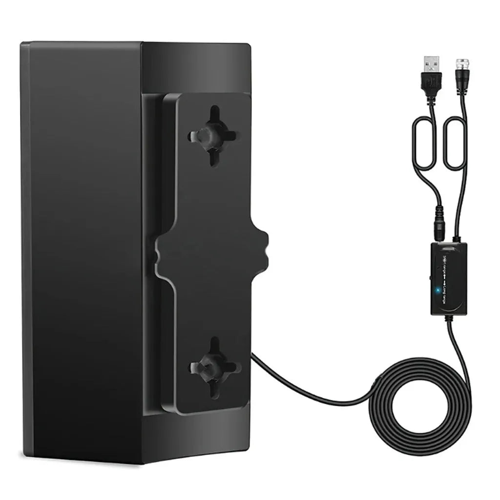 Black plastic indoor digital television antenna with mounting screws and adhesive tape