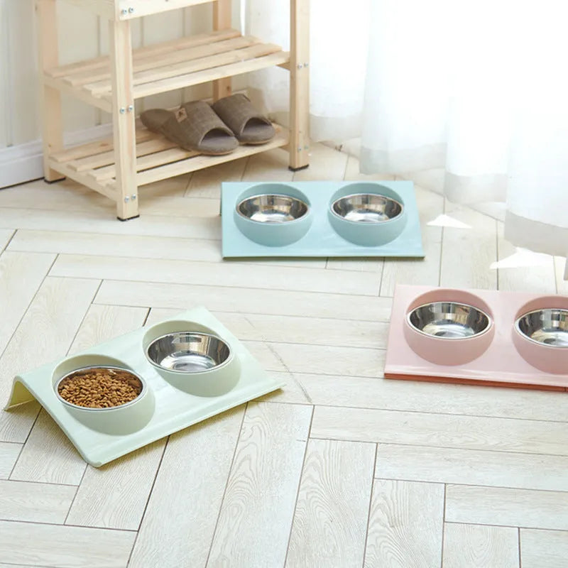 Stainless steel pet double bowl with PP raw material, medium 14.2 x 4 cm inner bowl, green pink blue options