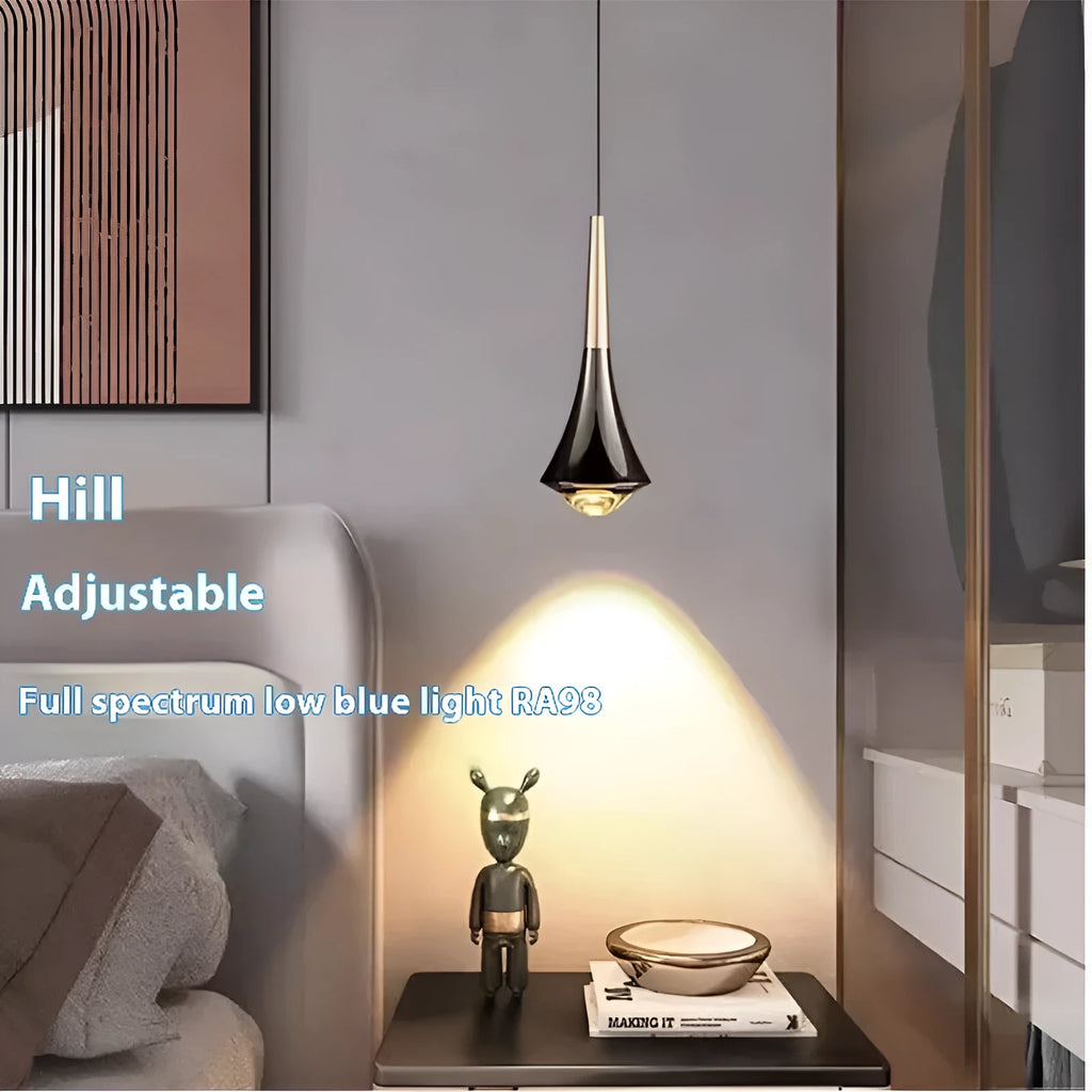 LED bedside chandelier pendant light in French gold shiny black with warm 3000K output for bedroom or dining room