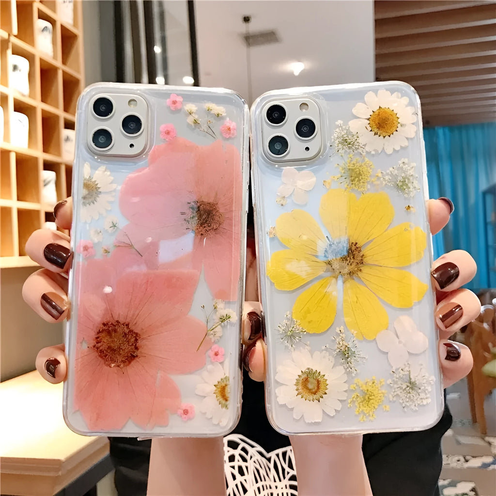 Flower pattern iPhone case in pink or yellow colours with floral design on TPU back cover