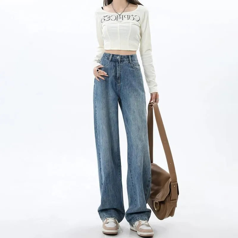 Retro blue women's wide leg jeans with high waist and straight cut design