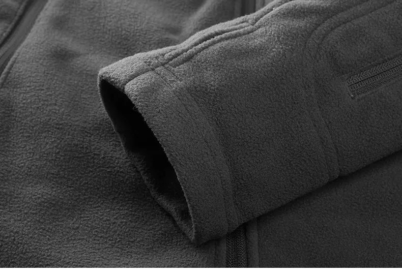 Men's military fleece jacket in black, grey, or army green with zip closure, turn-down collar, and cashmere lining.