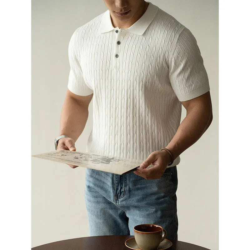 Men's short sleeve business top in khaki, black, and white with polyester wool blend fabric