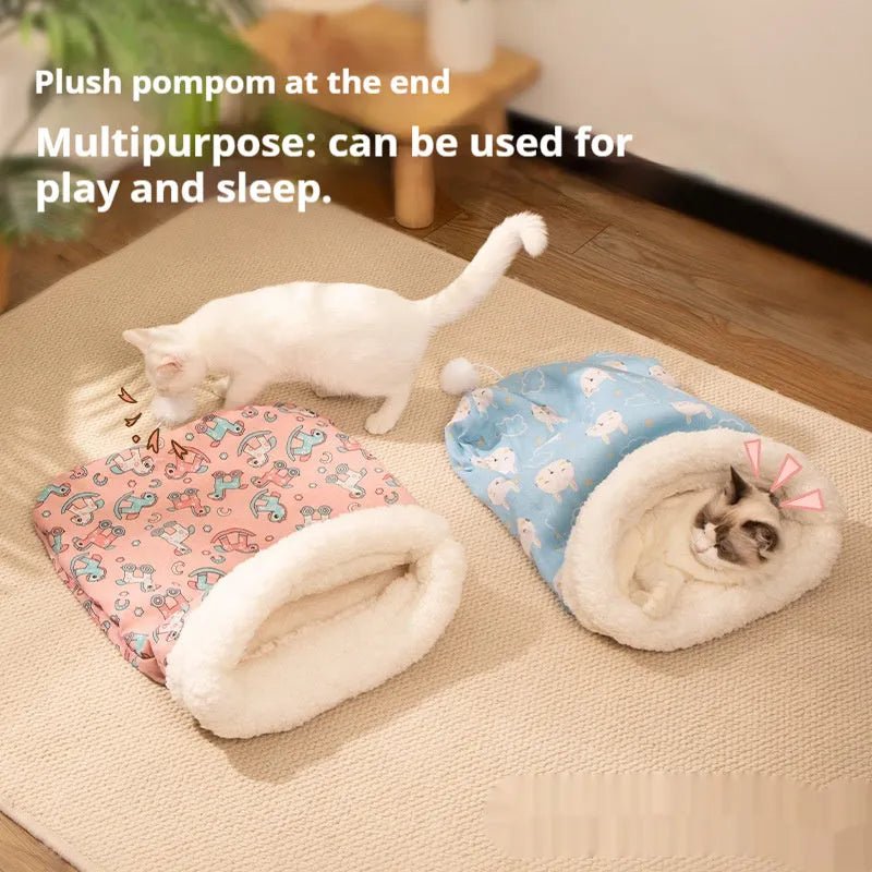 Flannel cat sleeping bag pet nest measuring 50 by 40 cm in a blue rabbit pattern.
