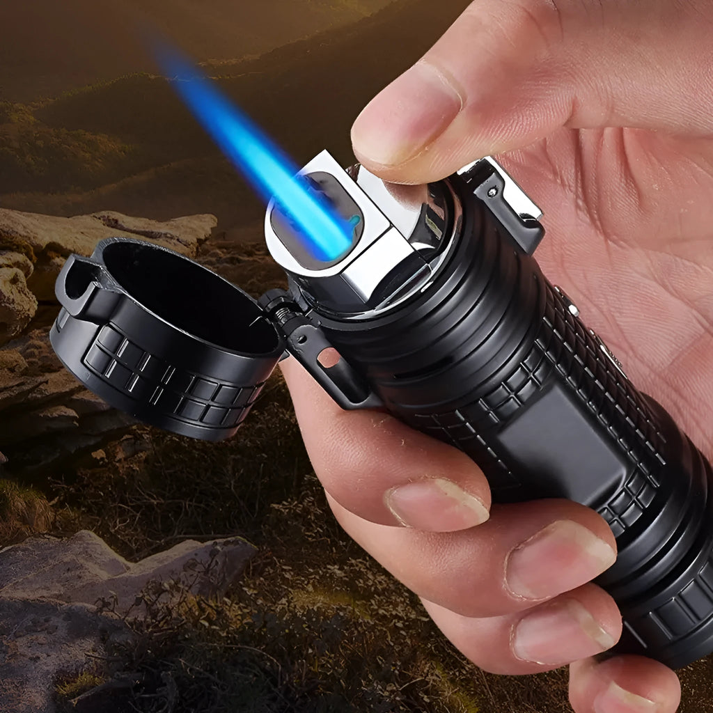 TH727 multifunction metal flashlight lighter in camouflage colour showing torch, lighter, and bottle opener.