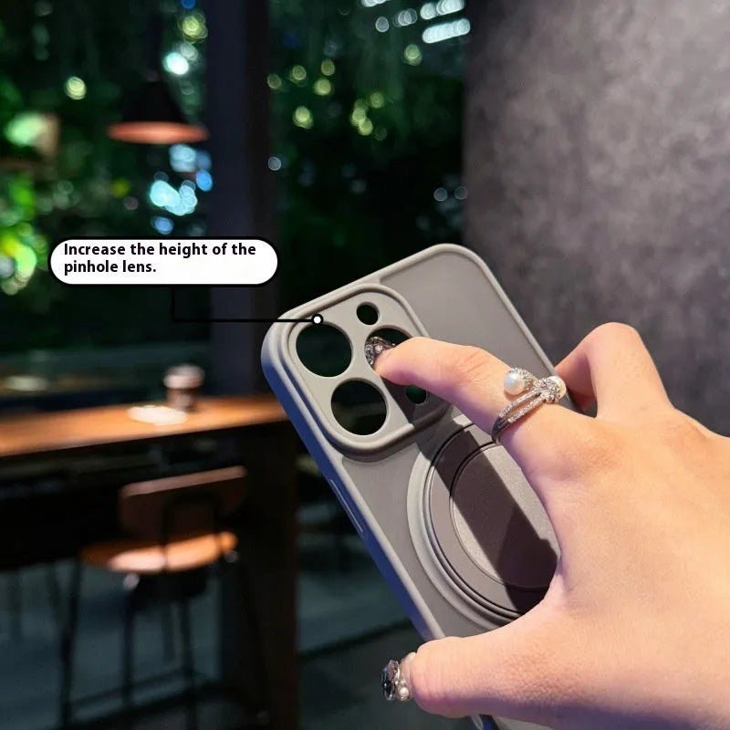 Magnetic suction pivot phone case with invisible bracket for iPhone 14 15 16 in transparent frosted TPU PC