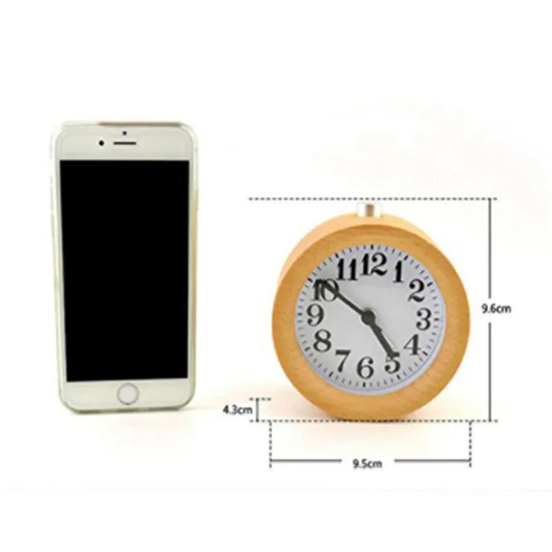Solid beech wood alarm clock with 4-inch mirror dial and wooden casing