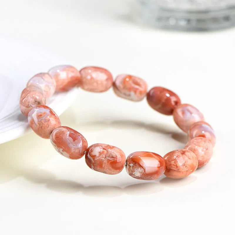 Natural cherry agate barrel bead bracelet with Ruyi elements and 10x14mm beads