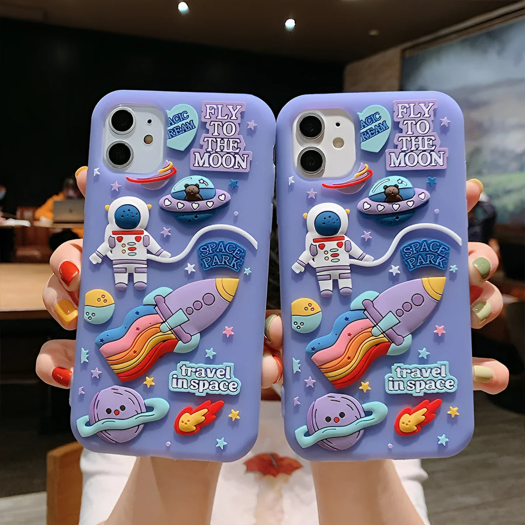 Spaceman purple silicone gel phone case with cartoon astronaut design for iPhone