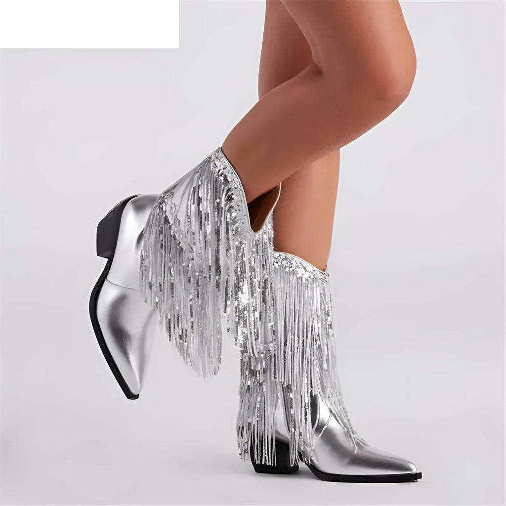 Women's chunky heel tassel boots with pointed toe and 8cm stiletto heel in PU material