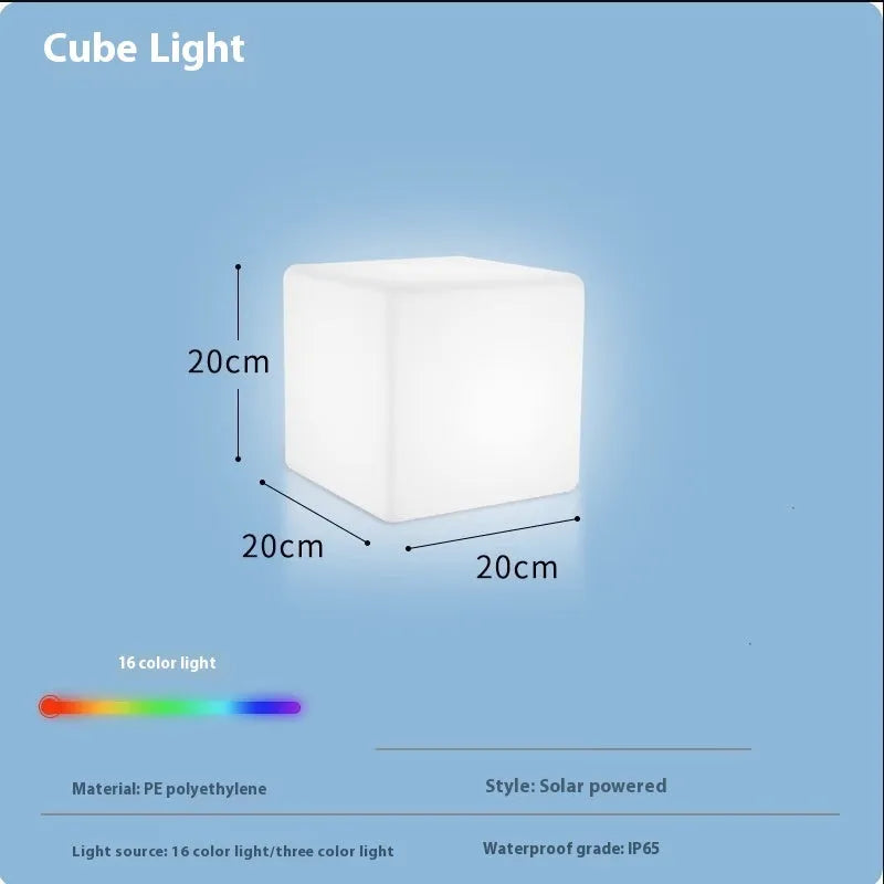 Modern square LED cube stool light for outdoor gardens, available in multiple sizes with solar or rechargeable power
