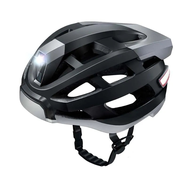 Smart black and grey cycling helmet with integrated warning lights showing USB charging port