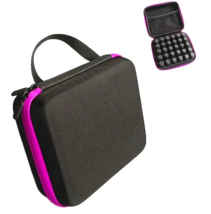Red EVA cube essential oil storage bag with 30 compartments and a zip, shown next to bottles.