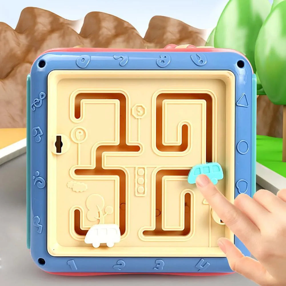 Colourful ABS plastic baby educational cube with bead maze, gears, and shape sorting games on each side.