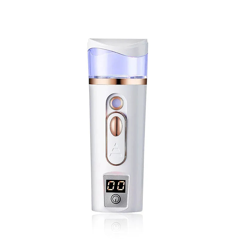 Nano spray water meter 35ml handheld facial mist device in white or pink, 4.6 x 13.5 cm