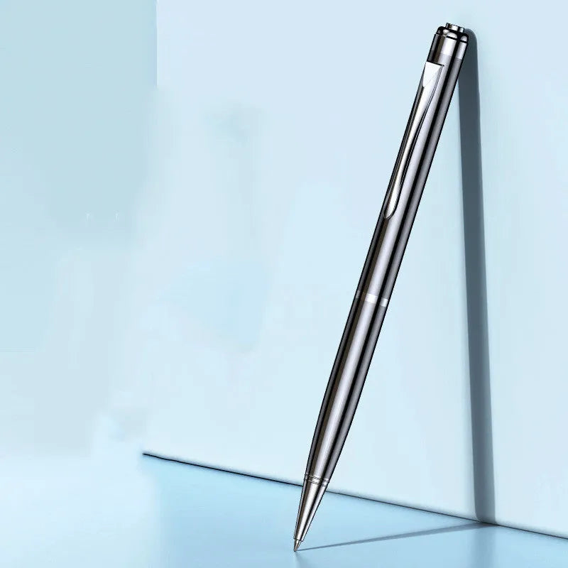 Black pen-shaped digital voice recorder with zinc alloy casing on a white background.