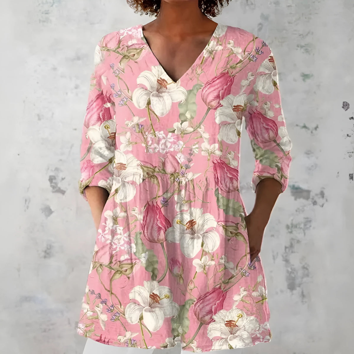Women's retro slim fit printed long-sleeved top in a digital print design, shown on a model.