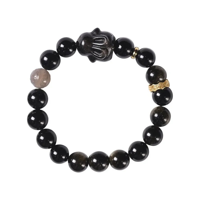 Handmade Chinese national style bracelet with lying rabbit charm and jin yaoshi beads in 8mm size