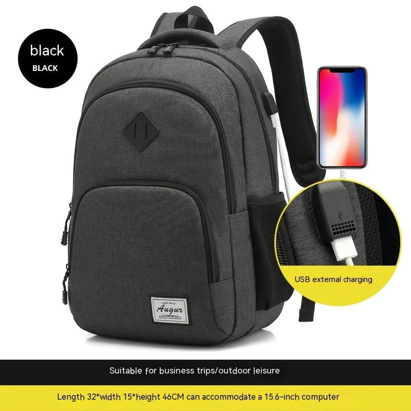 Grey nylon backpack with USB charging port and trolley attachment strap