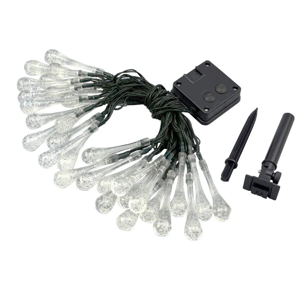 6.5 metre solar LED water drop string lights with 30 bubble drop pendants for outdoor garden use