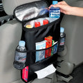 Black nylon universal car seat back organiser multi-pocket storage bag with adjustable straps and tissue holder
