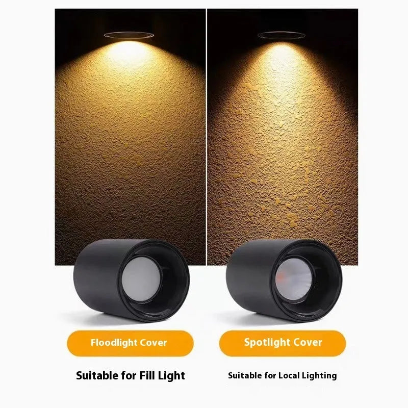 LED surface mounted spotlight in aluminium with anti-glare design, shown in all-black or white and black finish