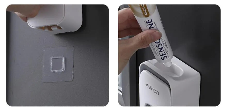 Wall-mounted automatic toothpaste dispenser in blue, grey, and pink colours