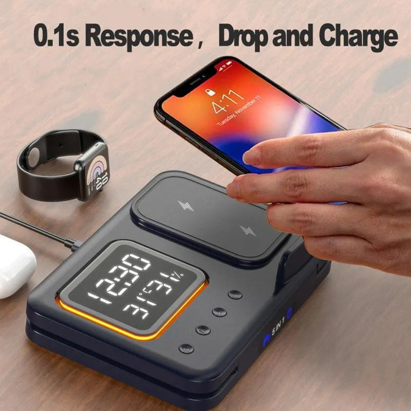 Black and white 15W wireless charging stand with LED digital display showing time, humidity and temperature readings
