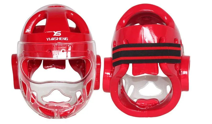 Karate training helmet for boxing head protection shown in blue, red, and white colours