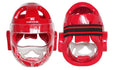 Karate training helmet for boxing head protection shown in blue, red, and white colours