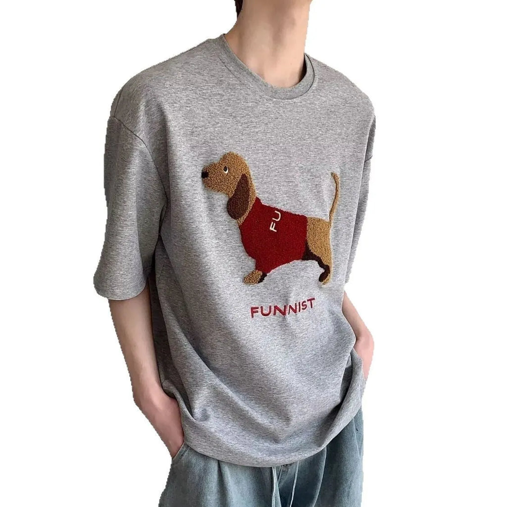 Men's grey cotton T-shirt with embroidered sausage dog design on front, short sleeves and round neck