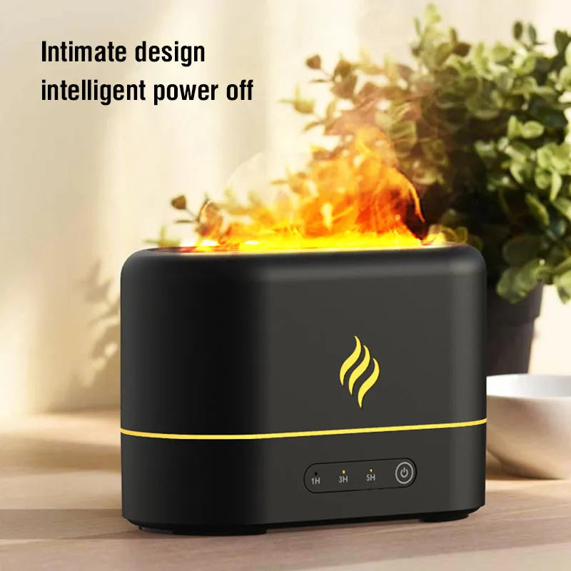 Black or white USB aroma diffuser humidifier with seven-colour flame effect display.