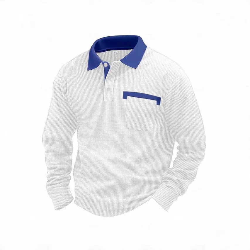 Men's loose-fit waffle knit polo shirt in polyester showing American retro styling and asymmetric details